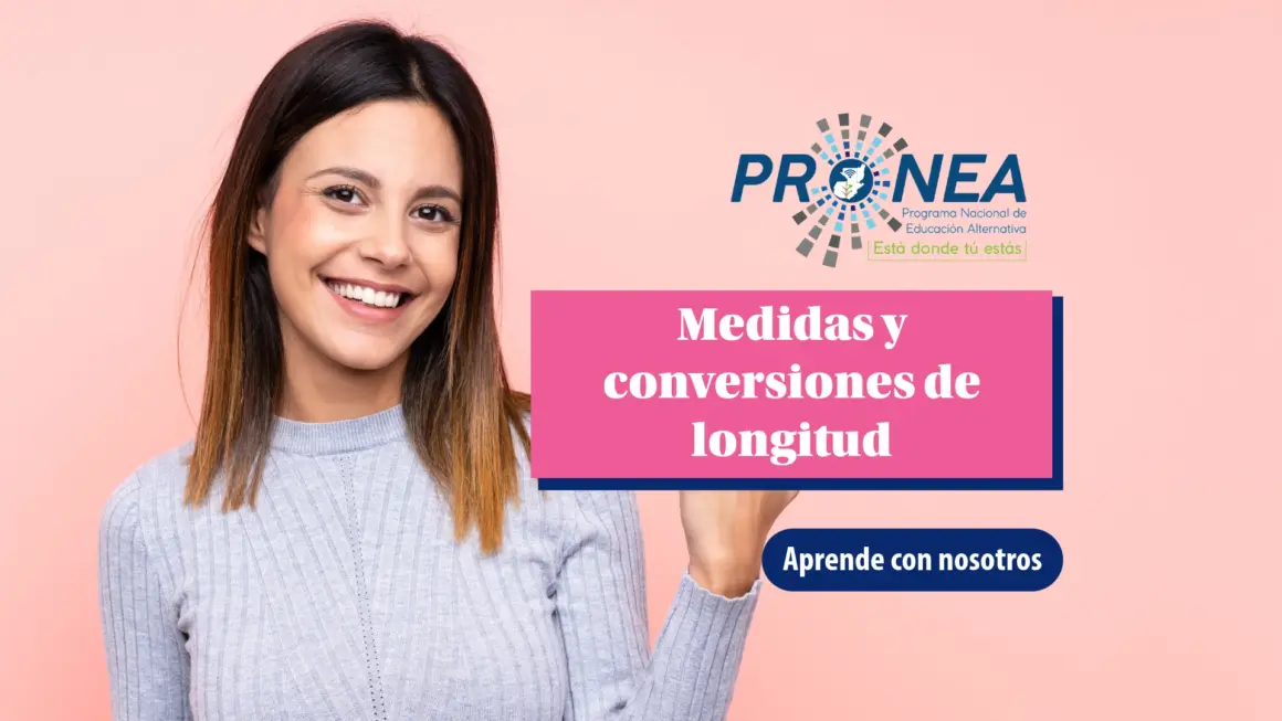 Una chica con el cabello corto apunta al título. Se presenta el tema "Medidas y conversiones de longitud". Se lee "Aprende con nosotros", del Programa Nacional de Educación Alternativa (Pronea).