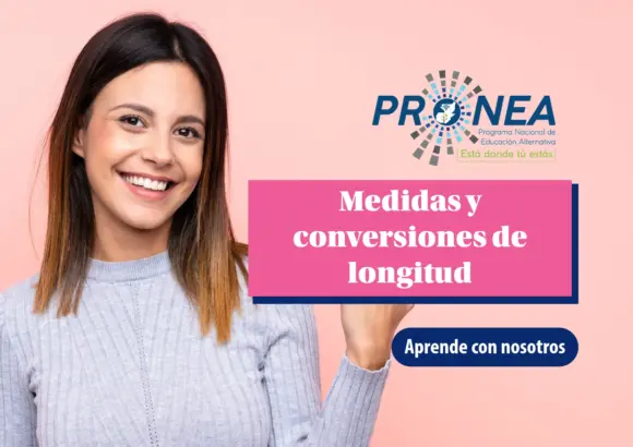 Una chica con el cabello corto apunta al título. Se presenta el tema "Medidas y conversiones de longitud". Se lee "Aprende con nosotros", del Programa Nacional de Educación Alternativa (Pronea).