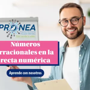 Numeros irracionales en la recta numerica Un profesor con lentes y barba sonríe y señala un pizarrón. Se presenta el tema "números irracionales en la recta numérica". Se lee "Aprende con nosotros", del Programa Nacional de Educación Alternativa (Pronea).