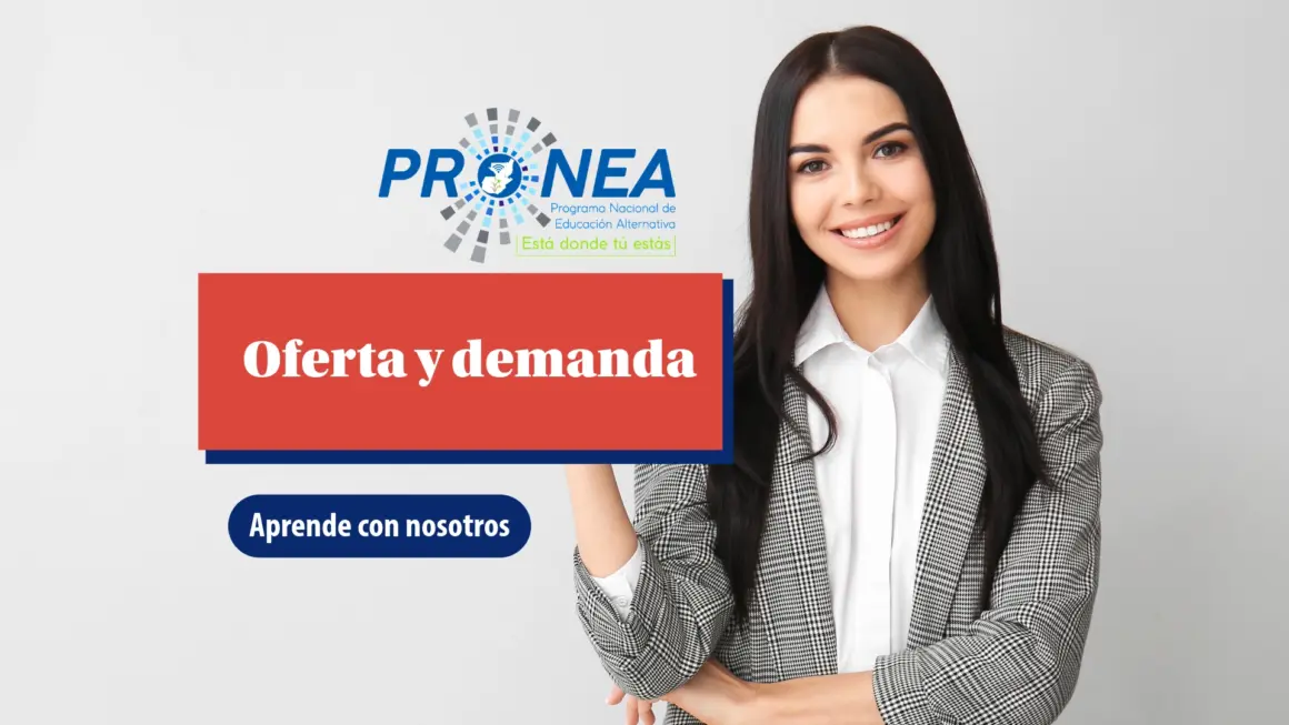 Oferta y demanda Una chica de cabello largo y con saco gris sonríe. Presenta el tema "Oferta y demanda". Se lee "Aprende con nosotros", del Programa Nacional de Educación Alternativa (Pronea).