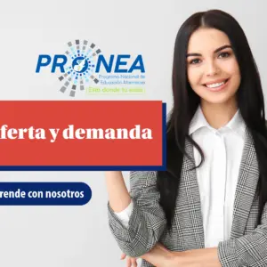 Una chica de cabello largo y con saco gris sonríe. Presenta el tema "Oferta y demanda". Se lee "Aprende con nosotros", del Programa Nacional de Educación Alternativa (Pronea).