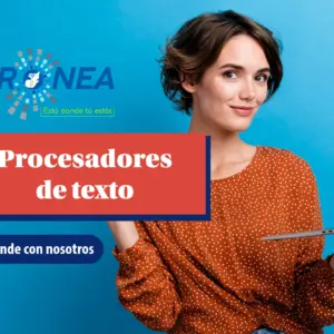 Una chica está sonriente y sostiene una laptop con una mano. Se presenta el tema "Procesadores de texto". Se lee "Aprende con nosotros", del Programa Nacional de Educación Alternativa (PRONEA).
