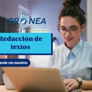Redaccion de textos Una chica está escribiendo en una computadora. Se presenta el tema "redacción de textos". Se lee "Aprende con nosotros", del Programa Nacional de Educación Alternativa (PRONEA).