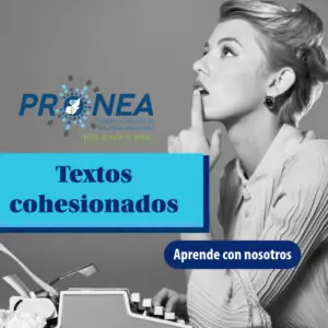 Una imagen en blanco y negro. Aparece una mujer pensando enfrente de una máquina de escribir y una pila de hojas de papel. Se presenta el tema "textos cohesionados". Se lee "Aprende con nosotros", del Programa Nacional de Educación Alternativa (Pronea).